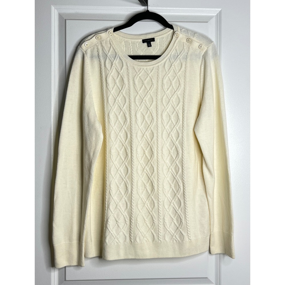 Talbots Womens Ivory Cream Cable Knit Lambswool Blend Button Shoulder Sweater XL